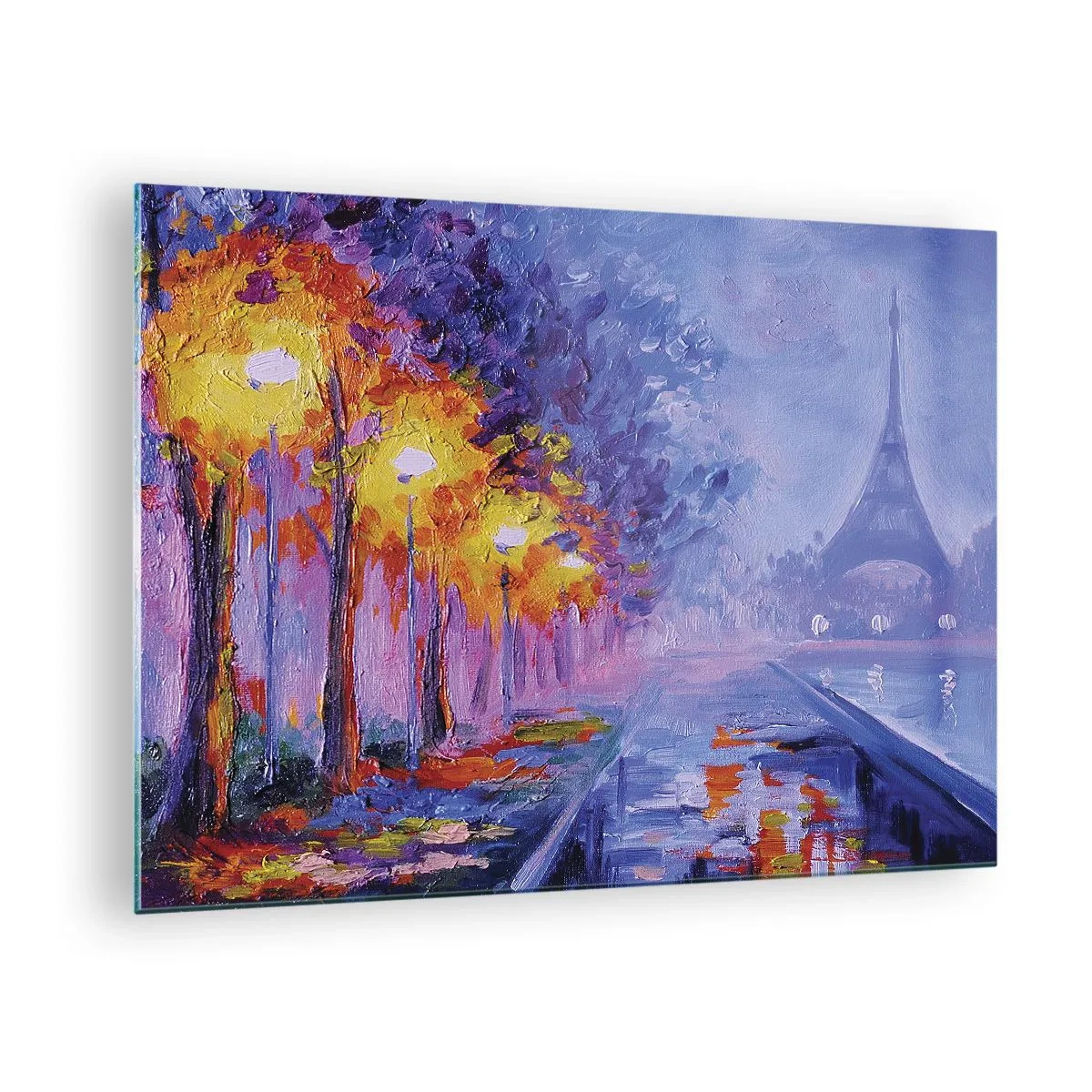 Glasbild - Bild auf glas - Abendspaziergang in Paris mit Eiffelturm - 70x50cm - Ein Traumspaziergang - Moderne Wanddekoration für Wohnzimmer und Schlafzimmer ARTTOR