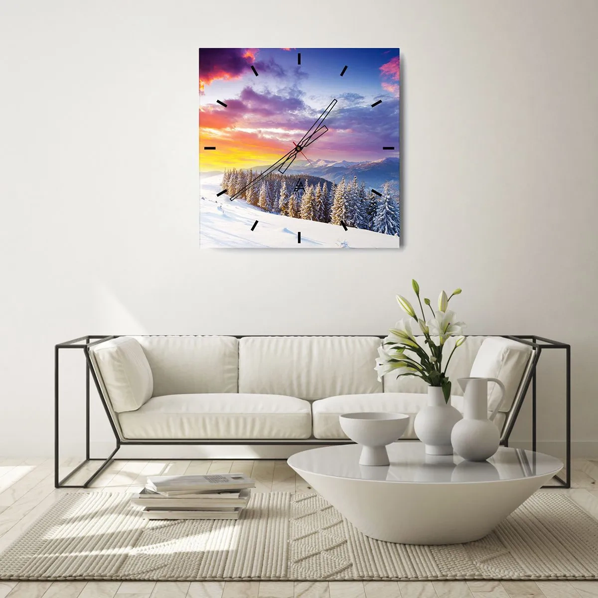 Wanduhr - Glasuhr - Winterlandschaft mit Bergen und Wald bei Sonnenuntergang - 30x30cm - Am helllichten Tag - Moderne Wanddekoration für Wohnzimmer und Schlafzimmer ARTTOR