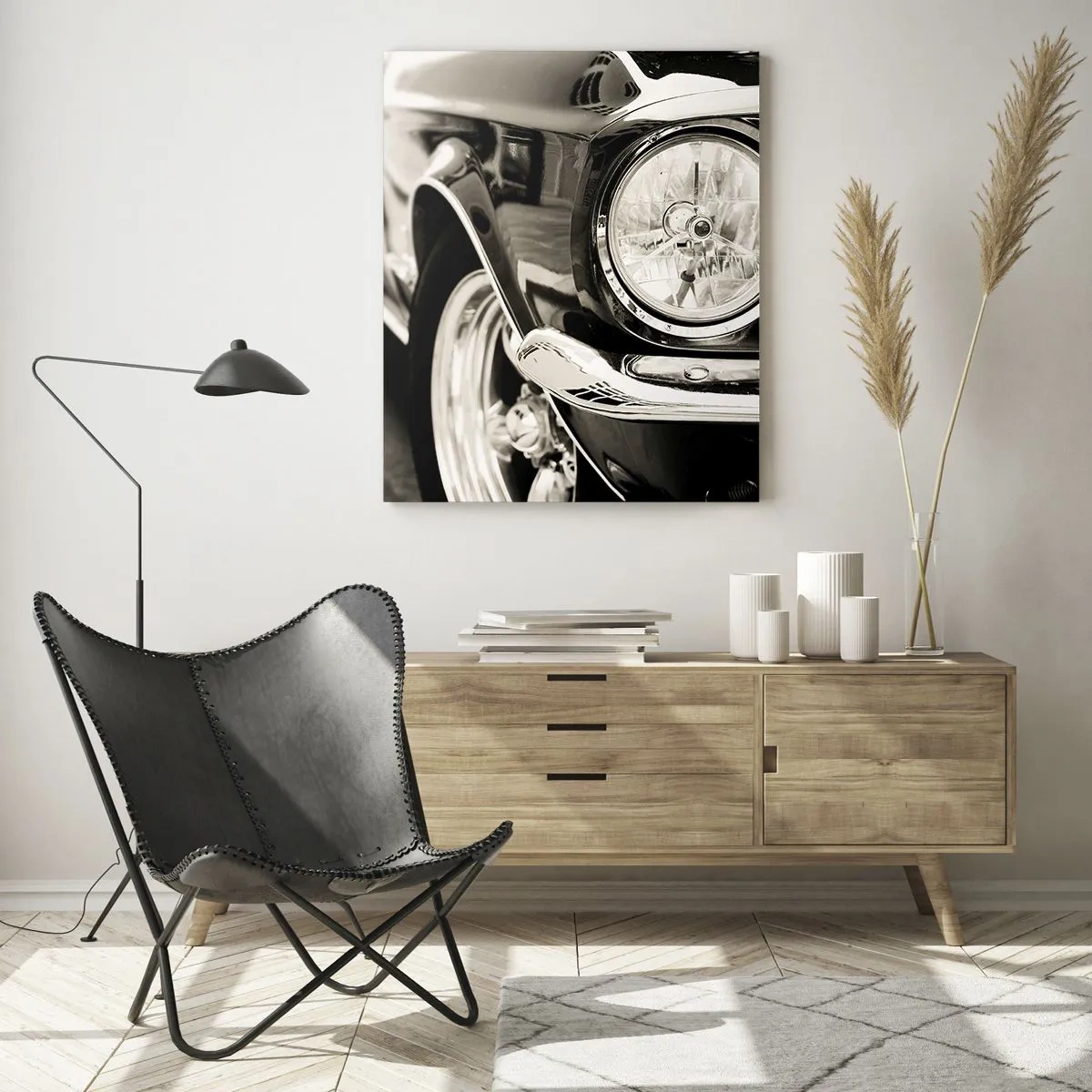 Glasbild - Bild auf glas - Ein kultiger Oldtimer in elegantem Schwarz-Weiß - 70x100cm - Dauerhafter Glanz - Moderne Wanddekoration für Wohnzimmer und Schlafzimmer ARTTOR