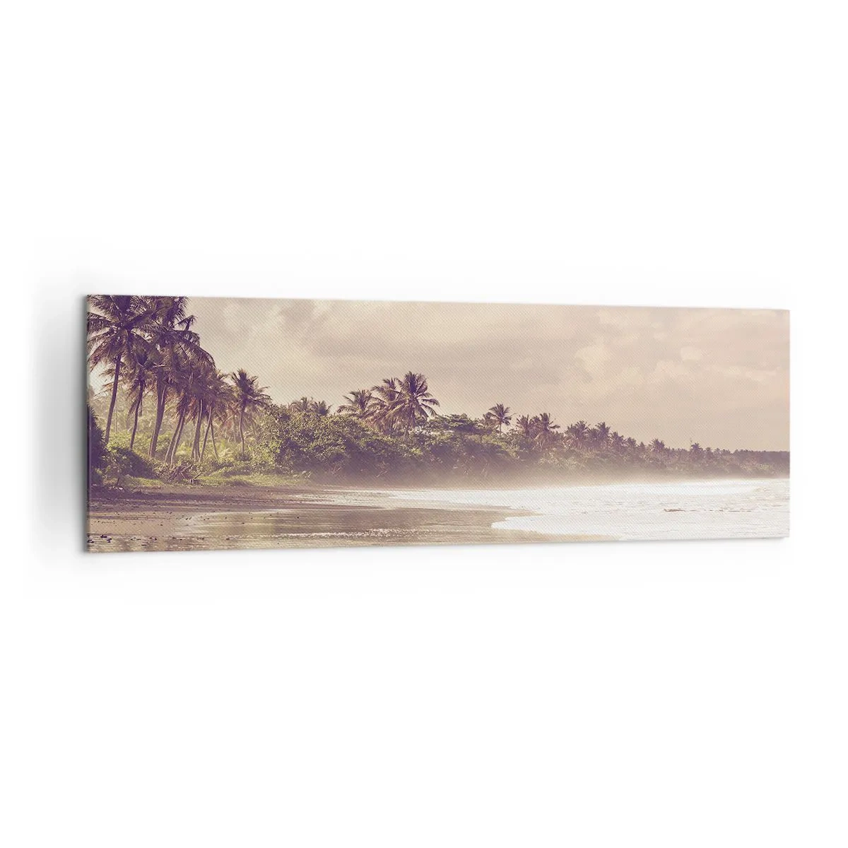 Bild auf Leinwand - Leinwandbild - Ein Strand mit Palmen und sanften Wellen am Morgen - 160x50cm - Die Liebkosung der Wellen - Moderne Wanddekoration für Wohnzimmer und Schlafzimmer ARTTOR