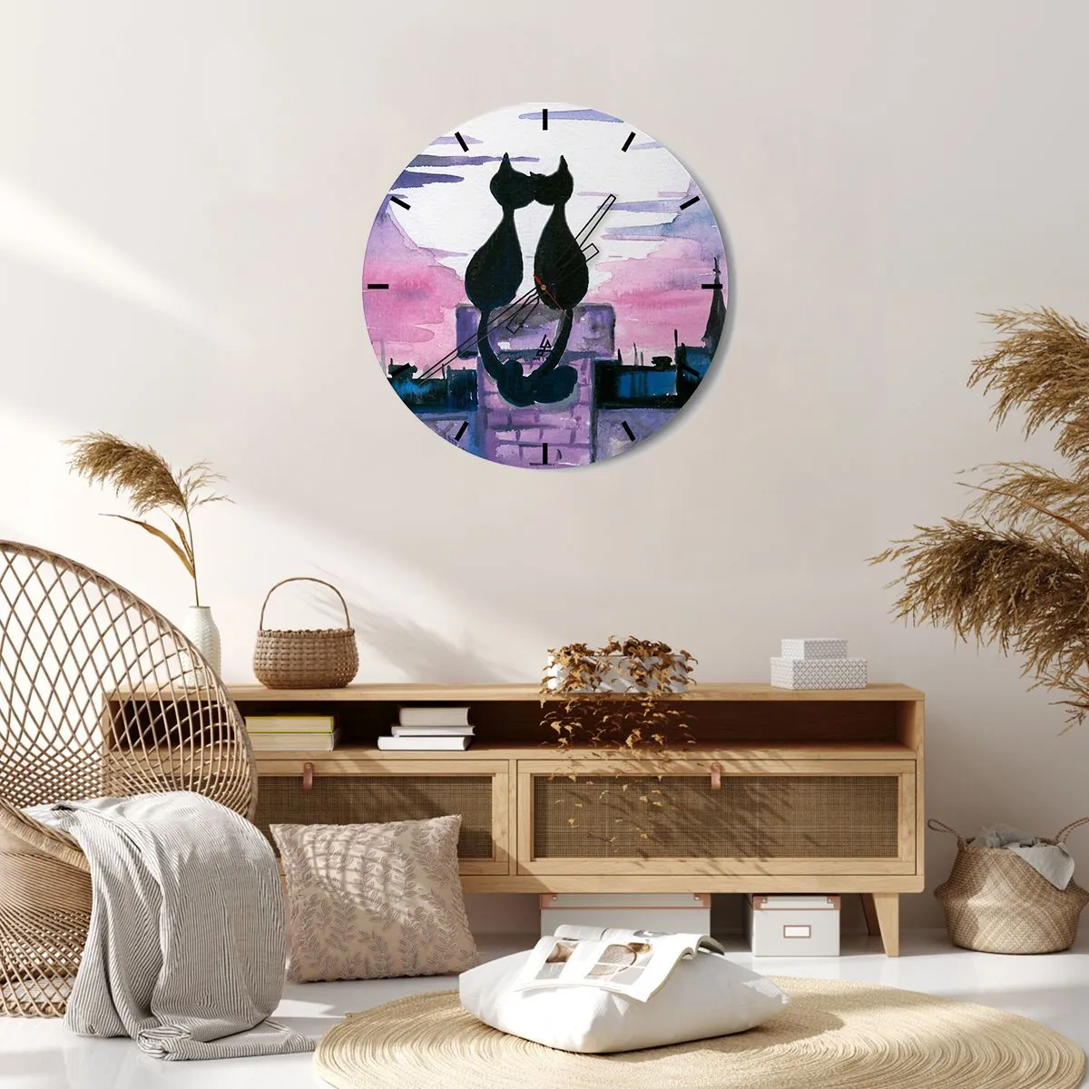 Wanduhr - Glasuhr - Silhouetten von zwei Katzen vor dem rosa Himmel - 30x30cm - Rendez-vous unter dem Mond - Moderne Wanddekoration für Wohnzimmer, Küche und Schlafzimmer ARTTOR