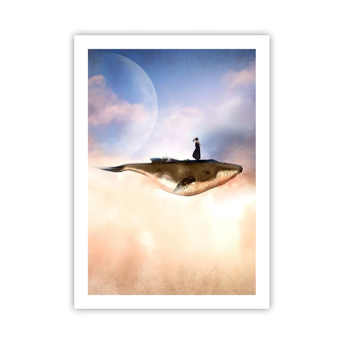 Poster - Ein surreales Gemälde einer Frau, die auf einem Wal zwischen den Wolken reitet. - 50x70cm - Eine echte Reise - Moderne Wanddekoration für Wohnzimmer und Schlafzimmer ARTTOR