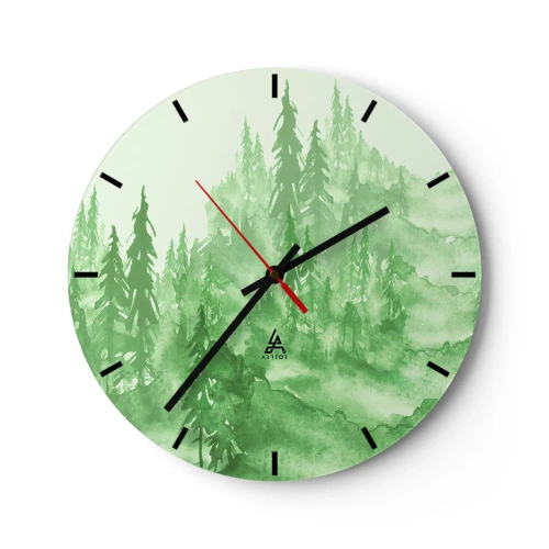 Wanduhr - Glasuhr - Ein grüner Wald im Aquarellstil voller Harmonie - 30x30cm - Verschwommen mit grünem Nebel - Moderne Wanddekoration für Wohnzimmer, Küche und Schlafzimmer ARTTOR