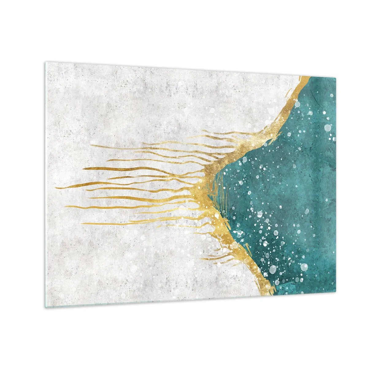 Glasbild - Bild auf glas - Abstraktes Goldmuster auf türkis-weißem Hintergrund - 70x50cm - Goldene Flut - Moderne Wanddekoration für Wohnzimmer und Schlafzimmer ARTTOR