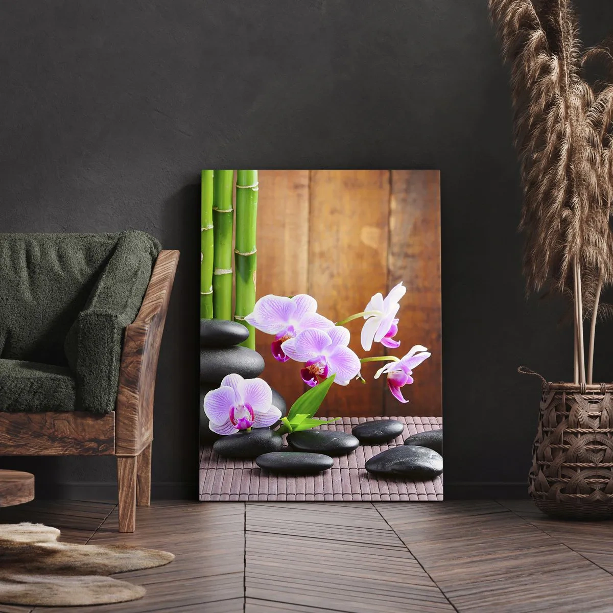 Bild auf Leinwand - Leinwandbild - Bambus, Steine und rosa Orchideen im Zen-Stil auf Holzhintergrund - 50x70cm - Treffen Sie die Freuden des Ostens - Moderne Wanddekoration für Wohnzimmer und Schlafzimmer ARTTOR