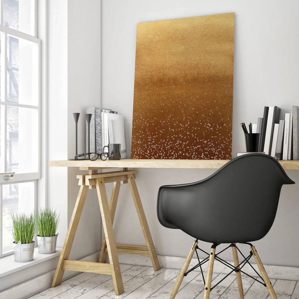 Glasbild - Bild auf glas - Ein goldener Farbverlauf mit dezentem Schimmer und Verzierung - 80x120cm - Die Geburt des Lichts - Moderne Wanddekoration für Wohnzimmer und Schlafzimmer ARTTOR