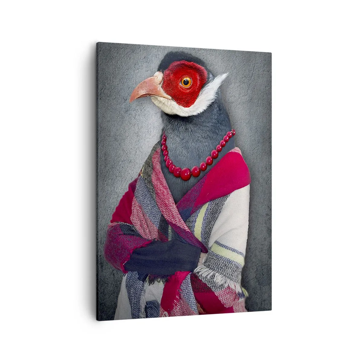 Bild auf Leinwand - Leinwandbild - Stilisierte Porträts eines Wolfes, eines Fasans und eines Löwen in eleganter Kleidung - 50x70cm - Was mache ich hier?! - Moderne Wanddekoration für Wohnzimmer und Schlafzimmer ARTTOR