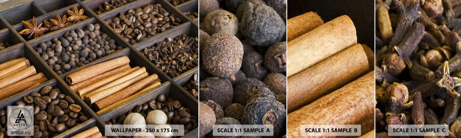 Fototapetenmuster Standard Eco - Eine Fundgrube an Aromen - Gewürze, Kaffee, Zimt - 100x30 cm