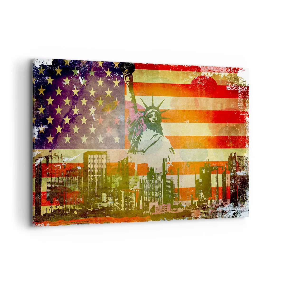 Bild auf Leinwand - Leinwandbild - Die Freiheitsstatue vor dem Hintergrund der amerikanischen Flagge und der Skyline der Stadt - 120x80cm - Viva Amerika! - Moderne Wanddekoration für Wohnzimmer und Schlafzimmer ARTTOR