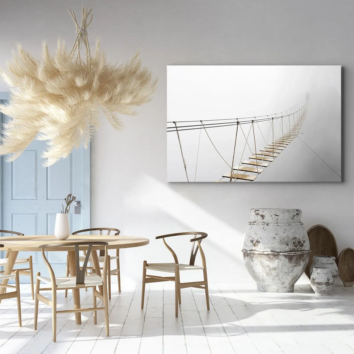Bild auf Leinwand - Leinwandbild - Eine Hängebrücke im Nebel aus minimalistischer Perspektive - 70x50cm - Wohin wird es dich führen? - Moderne Wanddekoration für Wohnzimmer und Schlafzimmer ARTTOR