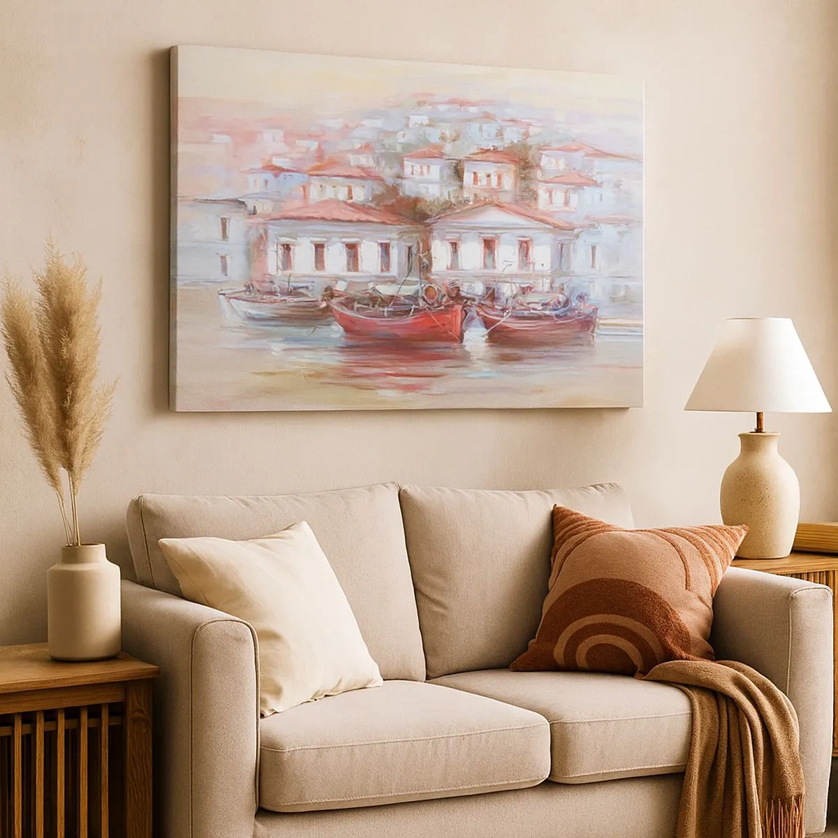 Bild auf Leinwand - Leinwandbild - Bunte Boote und malerische Gebäude am Wasser in Pastelltönen - 70x50cm - Glückliche Stadt - Moderne Wanddekoration für Wohnzimmer und Schlafzimmer ARTTOR