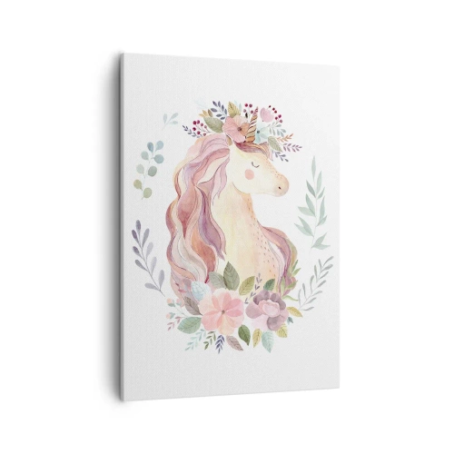 Bild auf Leinwand - Leinwandbild - Ein Einhorn in Pastellfarben, umgeben von Blumen - 50x70cm - Eine Einladung in die Welt der Märchen - Moderne Wanddekoration für Wohnzimmer und Schlafzimmer ARTTOR