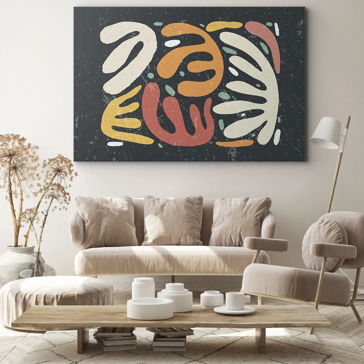 Bild auf Leinwand - Leinwandbild - Abstrakte Formen in warmen Farben auf dunklem Hintergrund - 120x80cm - Komposition – Ich erwische dich gleich - Moderne Wanddekoration für Wohnzimmer und Schlafzimmer ARTTOR