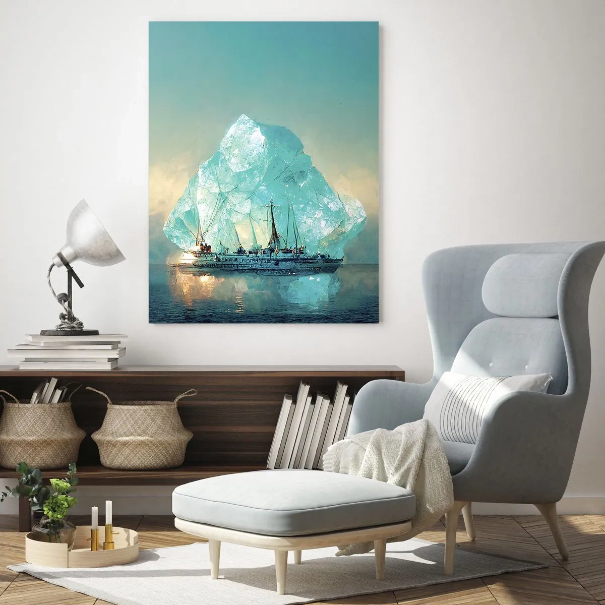 Glasbild - Bild auf glas - Ein Segelschiff vor einem riesigen Gletscher im arktischen Licht. - 50x70cm - Arktischer Diamant - Moderne Wanddekoration für Wohnzimmer und Schlafzimmer ARTTOR