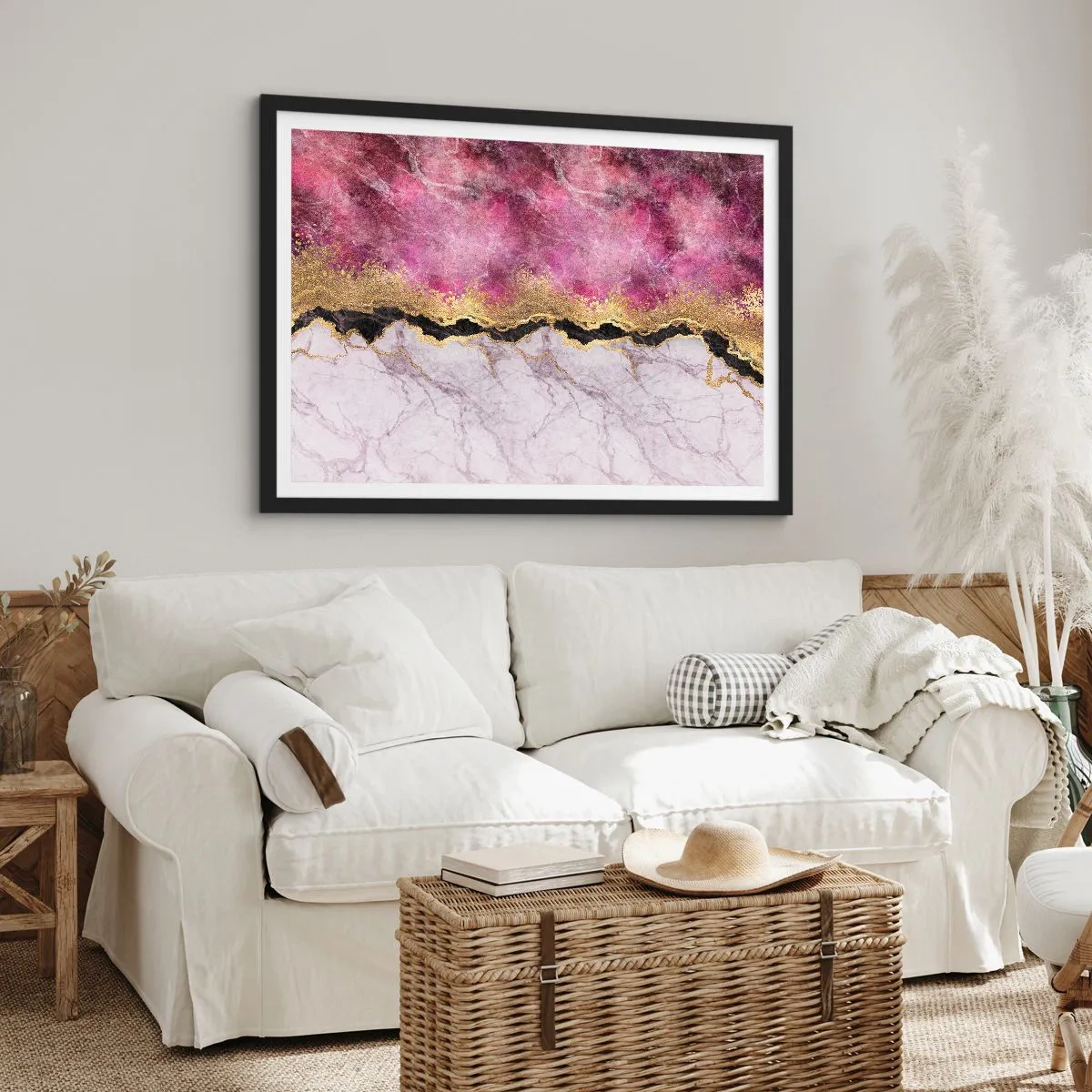 Poster in einem schwarzem Rahmen - Abstrakter Marmor in Rosatönen mit goldenen Akzenten - 100x70cm - An der Grenze - Moderne Wanddekoration für Wohnzimmer und Schlafzimmer ARTTOR