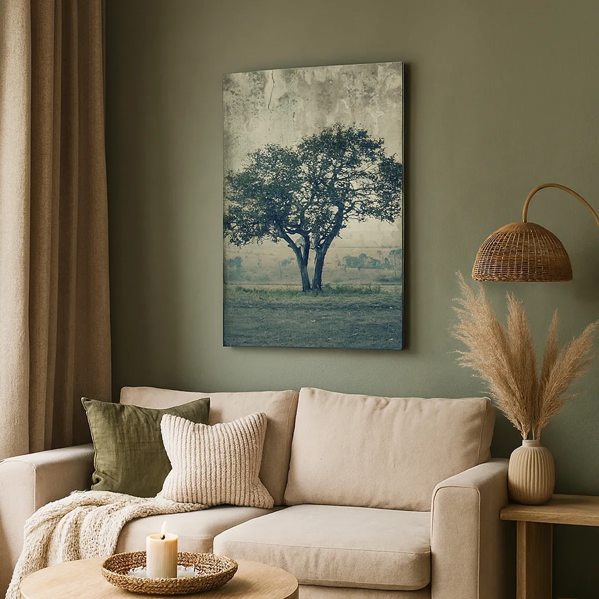 Bild auf Leinwand - Leinwandbild - Ein einsamer Baum vor einer nebligen Landschaft - 50x70cm - Ein Apfelbaum auf blauem Feld? - Moderne Wanddekoration für Wohnzimmer und Schlafzimmer ARTTOR