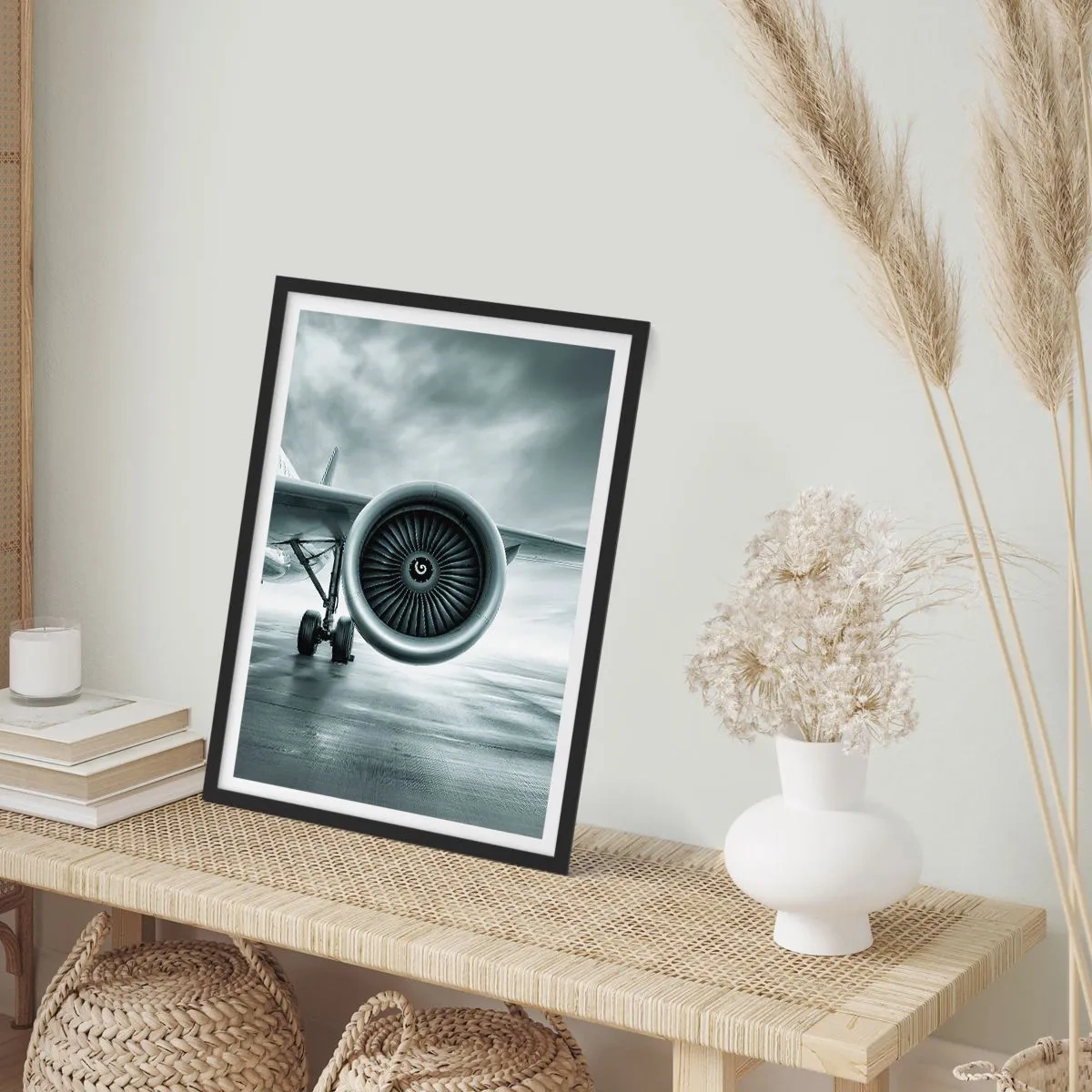 Poster in einem schwarzem Rahmen - Ein Flugzeug-Düsentriebwerk in monochromen Tönen - 50x70cm - Die Macht ist da! - Moderne Wanddekoration für Wohnzimmer und Schlafzimmer ARTTOR