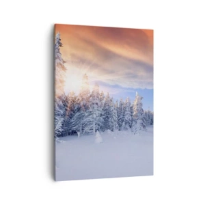 Bild auf Leinwand - Leinwandbild - Winterlandschaft mit schneebedecktem Wald bei Sonnenuntergang - 50x70cm - Ein verschneites Naturschauspiel - Moderne Wanddekoration für Wohnzimmer und Schlafzimmer ARTTOR