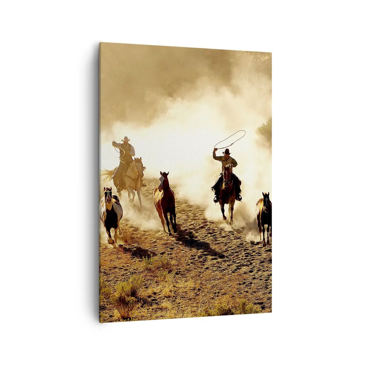 Bild auf Leinwand - Leinwandbild - Cowboys zu Pferd in Aktion im Wüstengelände - 70x100cm - Wirklich wilder Westen - Moderne Wanddekoration für Wohnzimmer und Schlafzimmer ARTTOR