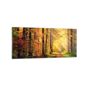 Glasbild - Bild auf glas - Ein Waldweg, umgeben von goldenen und grünen Bäumen - 120x50cm - Waldgoldene Stille - Moderne Wanddekoration für Wohnzimmer und Schlafzimmer ARTTOR