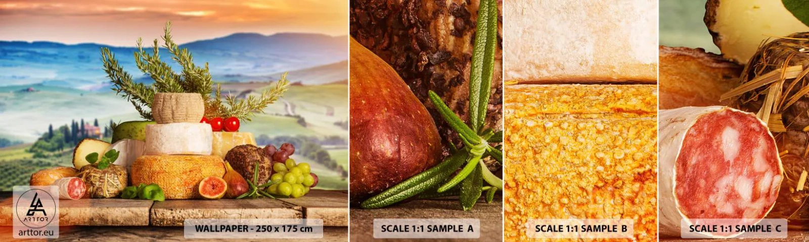 Fototapeten Muster Selbstklebend Deluxe Sticker - Die italienische Lebensfreude - Toskana, Landschaft, Köstliche Käsesorten - 100x30 cm