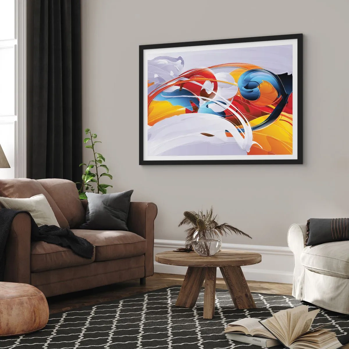 Poster in einem schwarzem Rahmen - Bunte Abstraktion mit dynamischen Linien und lebendigen Farben - 70x50cm - Der Tanz der Elemente - Moderne Wanddekoration für Wohnzimmer und Schlafzimmer ARTTOR