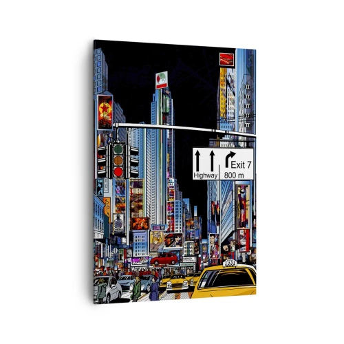 Bild auf Leinwand - Leinwandbild - Eine geschäftige Stadt mit bunten Werbetafeln und gelben Taxis - 70x100cm - Comicbuch große Nacht - Moderne Wanddekoration für Wohnzimmer und Schlafzimmer ARTTOR
