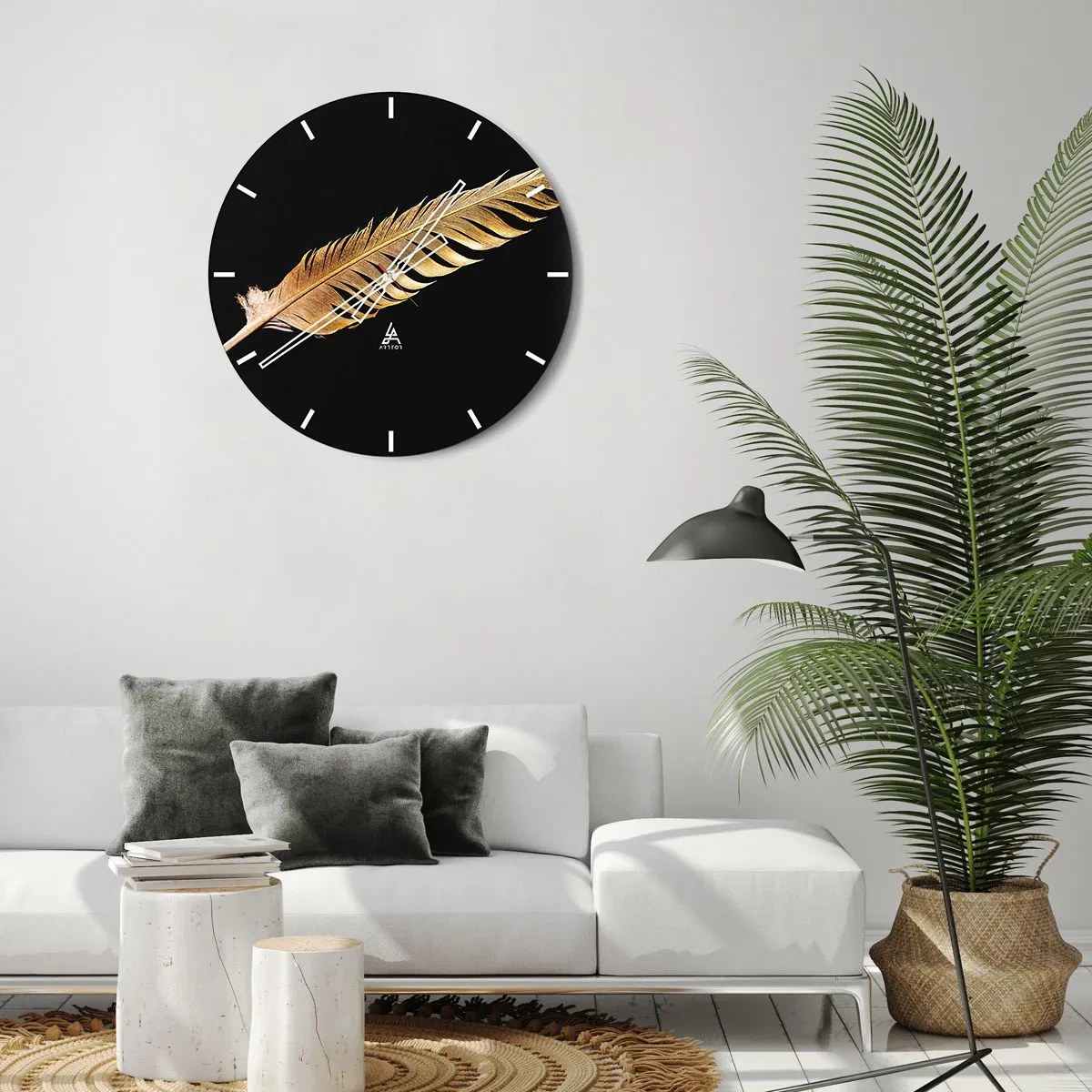 Wanduhr - Glasuhr - Goldene Feder auf schwarzem Hintergrund - 30x30cm - Er hat ein ungewöhnliches Schreibtalent ... - Moderne Wanddekoration für Wohnzimmer, Küche und Schlafzimmer ARTTOR