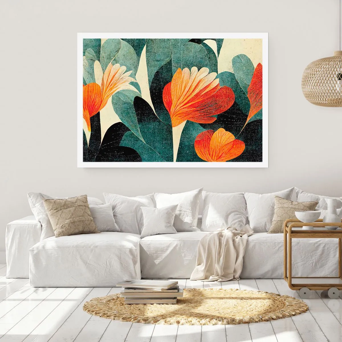 Poster - Blüten in intensiven Orange- und Grüntönen - 100x70cm - Hitze der Tropen und Kühle des Grüns - Moderne Wanddekoration für Wohnzimmer und Schlafzimmer ARTTOR