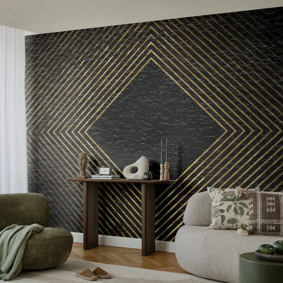 Fototapete Premium Sand - Goldene Linien bilden eine Raute auf schwarzem Hintergrund - 100x70cm - Geometrie im glamourösen Stil - Moderne Wanddekoration für Wohnzimmer und Schlafzimmer ARTTOR