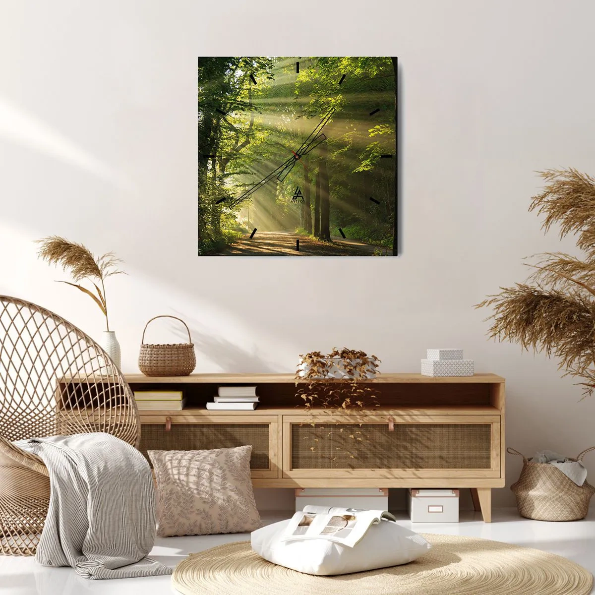 Wanduhr - Glasuhr - Waldweg mit Sonnenstrahlen, die durch die Bäume scheinen - 30x30cm - Waldmoment - Moderne Wanddekoration für Wohnzimmer und Schlafzimmer ARTTOR