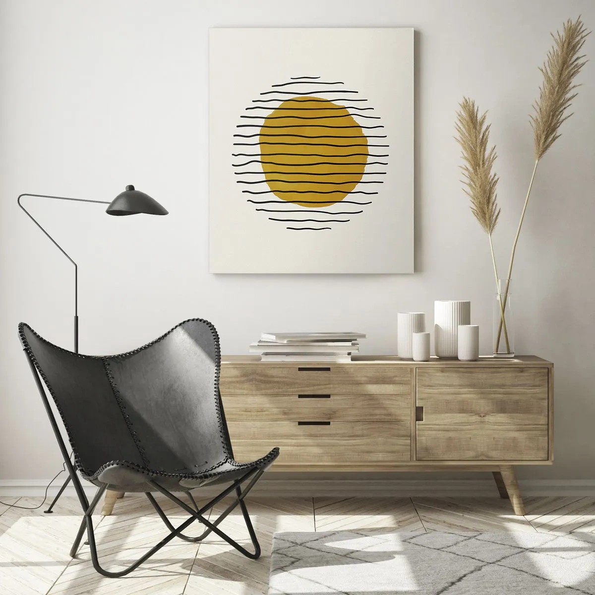 Glasbild - Bild auf glas - Eine minimalistische Komposition mit einem gelben Kreis und schwarzen Linien. - 50x70cm - Abstraktion, die vor Hitze zittert - Moderne Wanddekoration für Wohnzimmer und Schlafzimmer ARTTOR