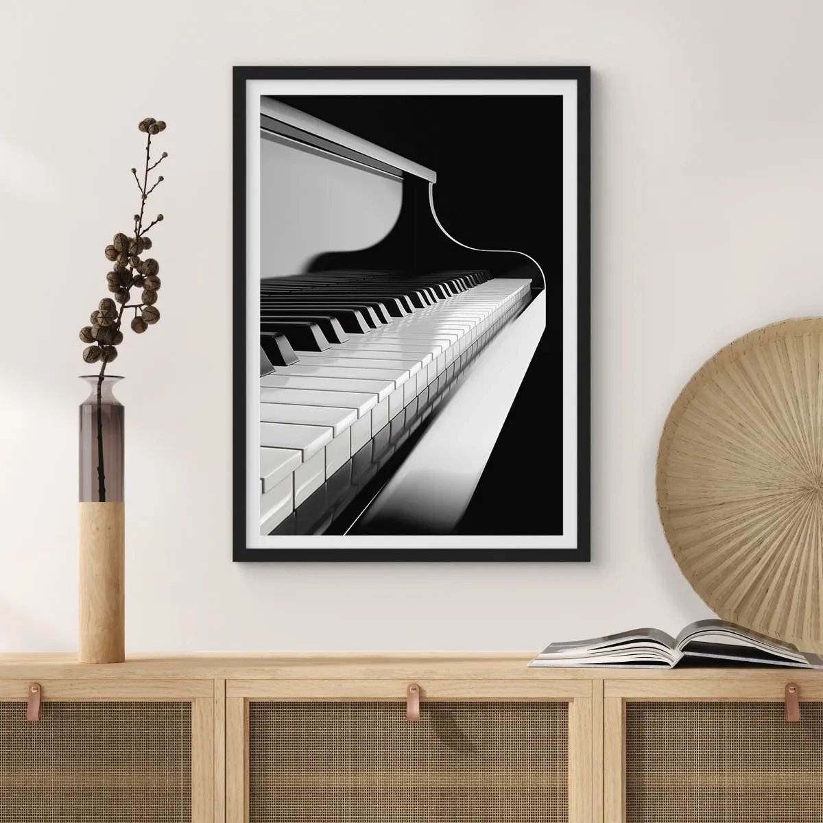 Poster in einem schwarzem Rahmen - Schwarz-Weiß-Nahaufnahme einer Klaviertastatur - 50x70cm - Harmonie von Formen und Farben - Moderne Wanddekoration für Wohnzimmer und Schlafzimmer ARTTOR