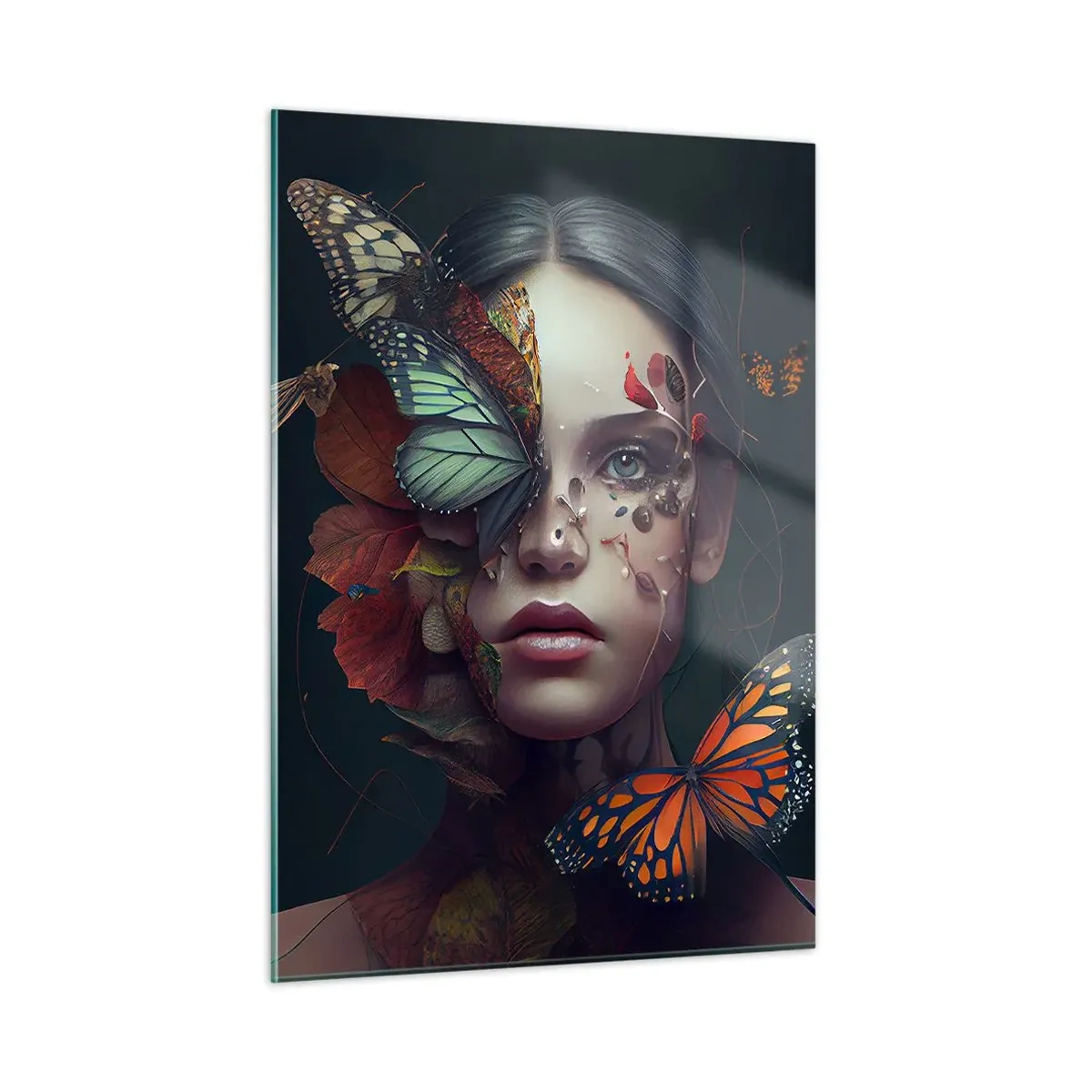 Glasbild - Bild auf glas - Ein Frauengesicht mit Schmetterlingen und Blättern in einer künstlerischen Komposition - 50x70cm - Wunderbare Metamorphose - Moderne Wanddekoration für Wohnzimmer und Schlafzimmer ARTTOR