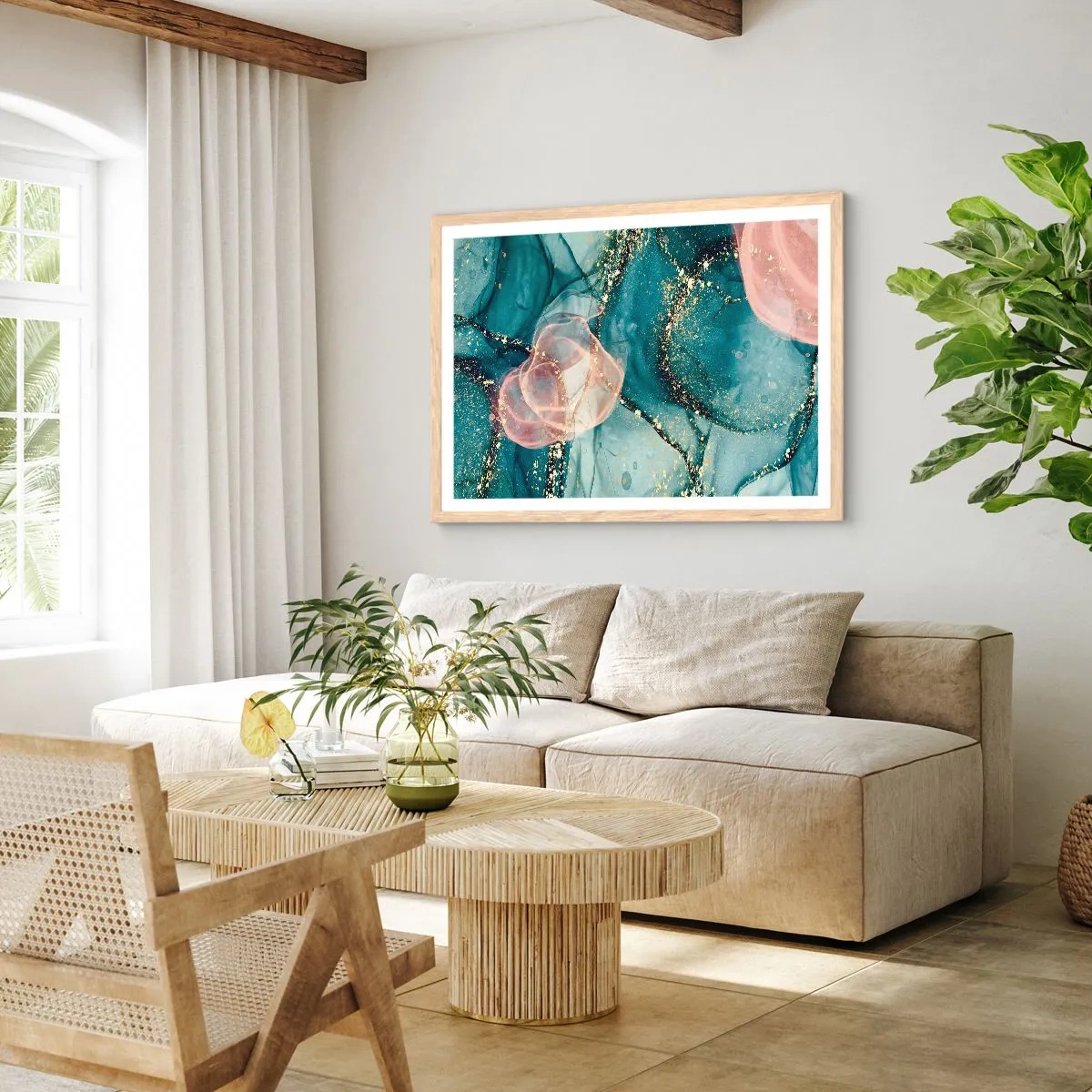 Poster in einem Rahmen aus heller Eiche - Seidenblau, Tüllrosa - 40x30 cm