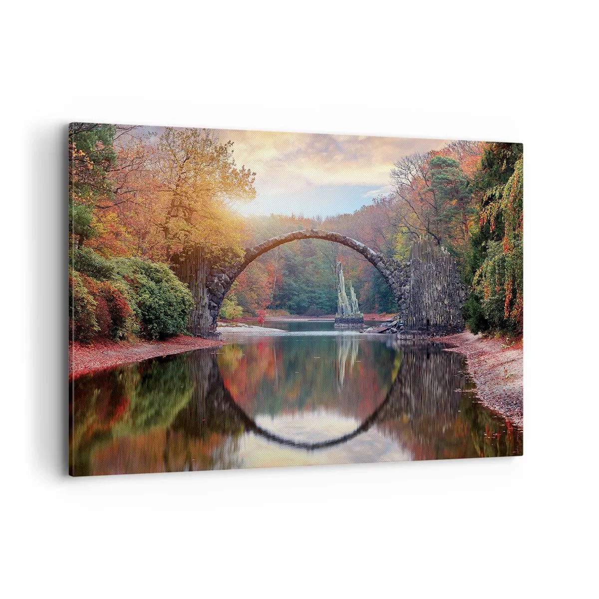 Bild auf Leinwand - Leinwandbild - Eine Steinbrücke in einer Herbstlandschaft über ruhigem Wasser - 120x80cm - Auf der anderen Seite des Spiegels - Moderne Wanddekoration für Wohnzimmer und Schlafzimmer ARTTOR