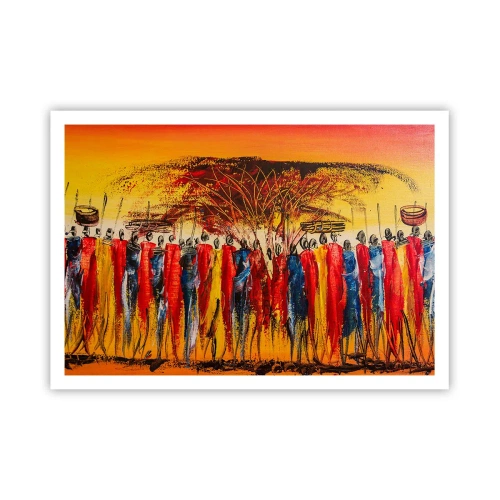 Poster - Eine farbenfrohe Szene mit afrikanischen Figuren vor dem Hintergrund der untergehenden Sonne. - 100x70cm - Dort, dort, dort gehen sie - Moderne Wanddekoration für Wohnzimmer und Schlafzimmer ARTTOR