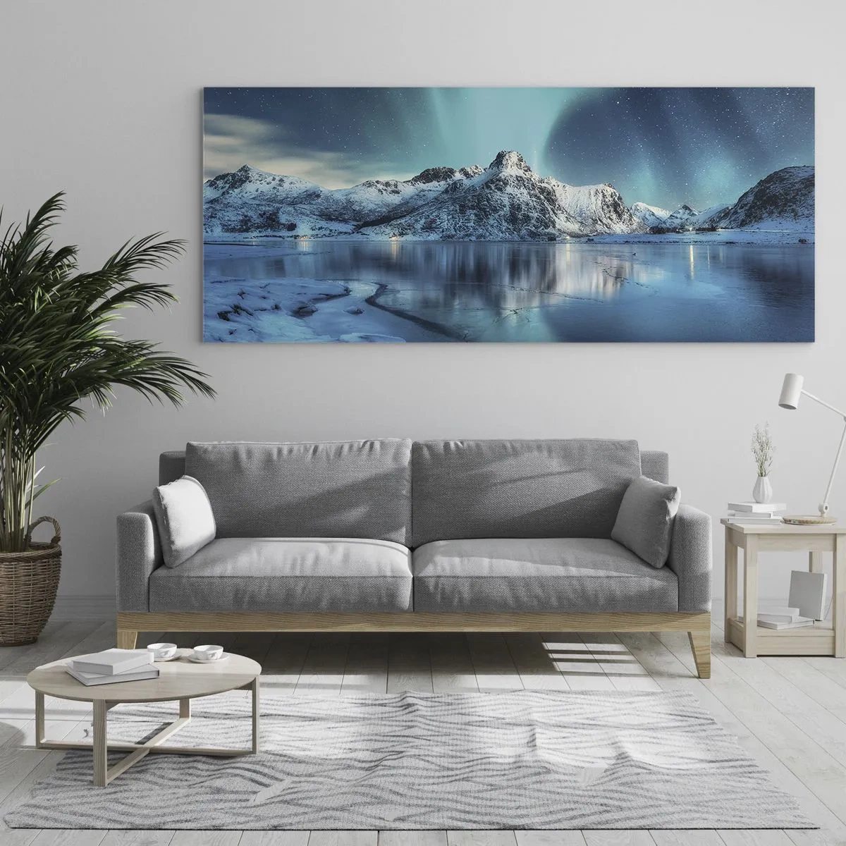 Glasbild - Bild auf glas - Aurora Borealis über schneebedeckten Bergen und einem See - 160x50cm - Lichtnacht - Moderne Wanddekoration für Wohnzimmer und Schlafzimmer ARTTOR