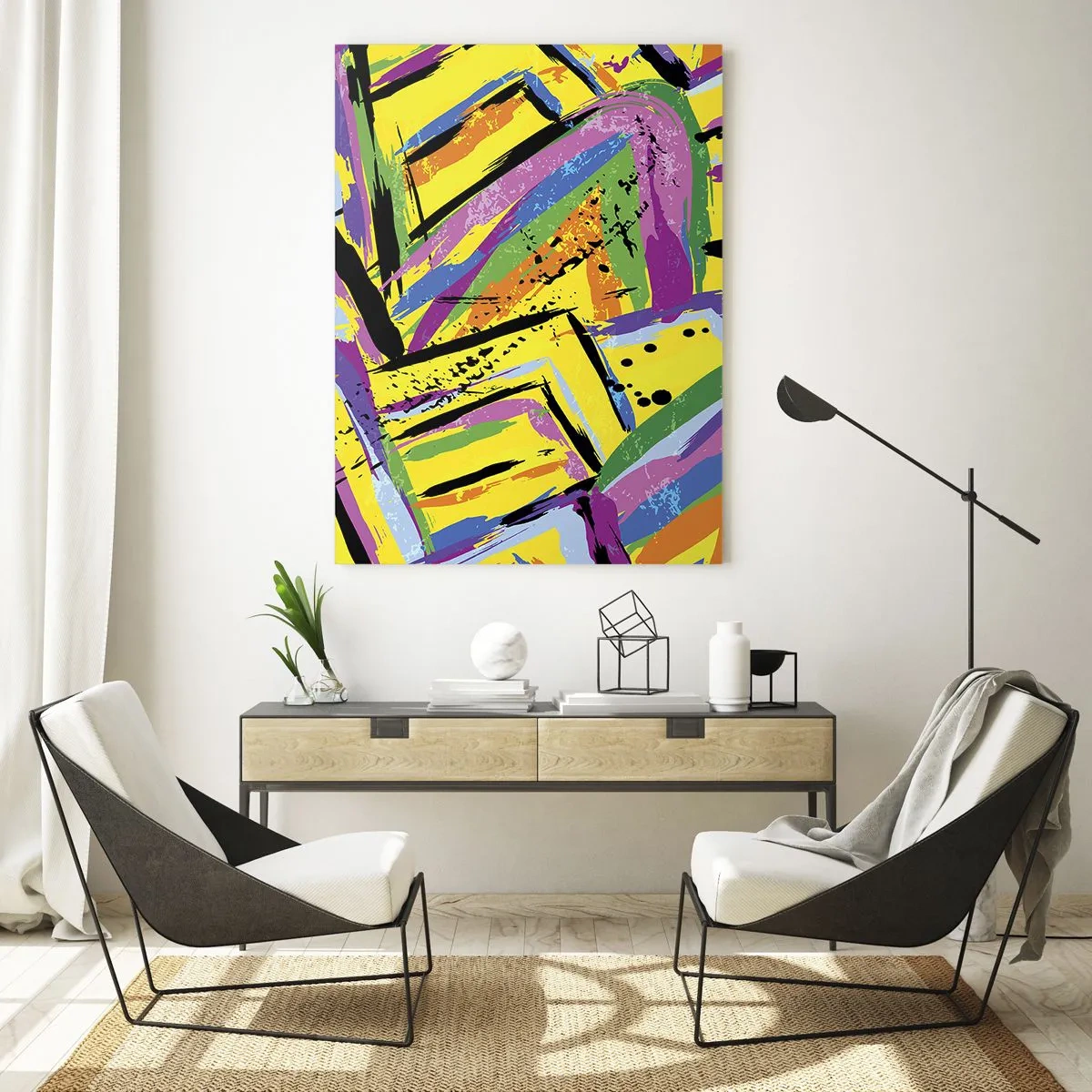 Glasbild - Bild auf glas - Lebendige Abstraktion in leuchtenden Farben und dynamischen Formen - 70x100cm - Bis sie vor Freude schreit - Moderne Wanddekoration für Wohnzimmer und Schlafzimmer ARTTOR