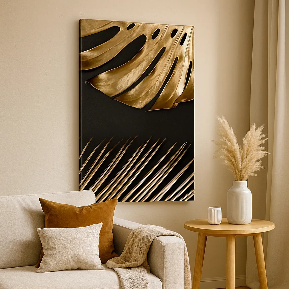 Bild auf Leinwand - Leinwandbild - Goldene Blätter auf schwarzem Hintergrund - 50x70cm - Anders und genauso teuer - Moderne Wanddekoration für Wohnzimmer und Schlafzimmer ARTTOR