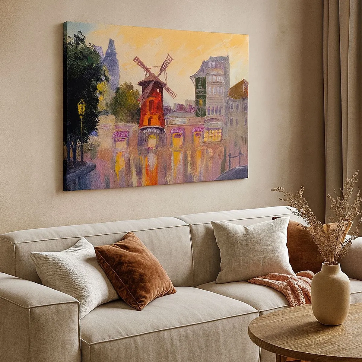 Bild auf Leinwand - Leinwandbild - Die rote Windmühle des Moulin Rouge, umgeben von der Stadtlandschaft - 70x50cm - Pariser Ikonen – Moulin Rouge - Moderne Wanddekoration für Wohnzimmer und Schlafzimmer ARTTOR