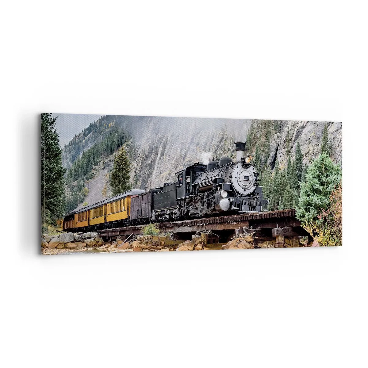 Bild auf Leinwand - Leinwandbild - Eine Dampflokomotive auf einer Brücke in einer malerischen Berglandschaft - 120x50cm - Wo willst du hin? Wohin? - Moderne Wanddekoration für Wohnzimmer und Schlafzimmer ARTTOR