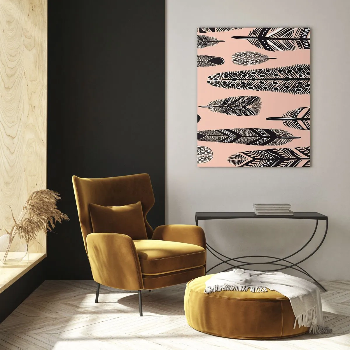 Glasbild - Bild auf glas - Dekorative Federn auf hellem Hintergrund - 80x120cm - Indische Sammlung - Moderne Wanddekoration für Wohnzimmer und Schlafzimmer ARTTOR