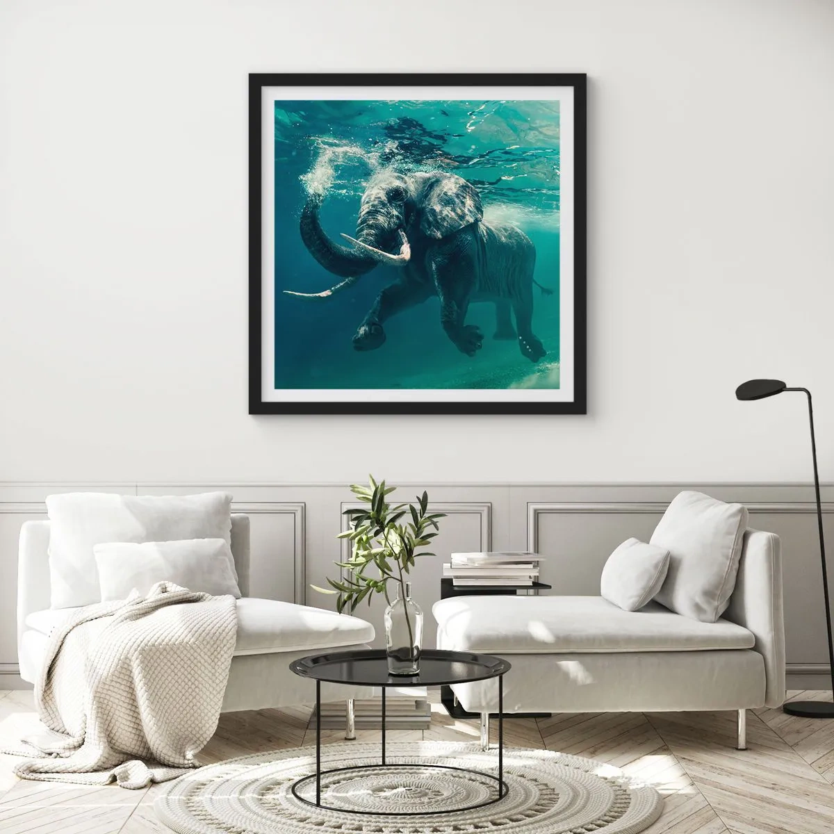 Poster in einem schwarzem Rahmen - Jeder schwimmt gerne - 40x40 cm
