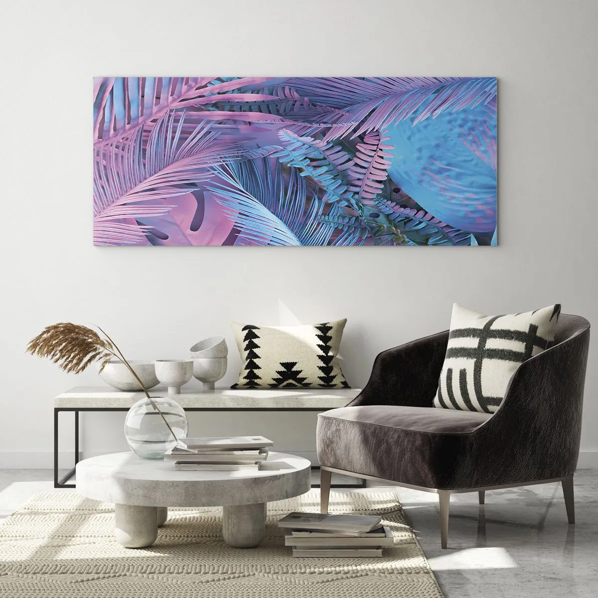 Glasbild - Bild auf glas - Tropische Blätter in Rosa- und Blautönen - 140x50cm - Tropen in Rosa und Blau - Moderne Wanddekoration für Wohnzimmer und Schlafzimmer ARTTOR