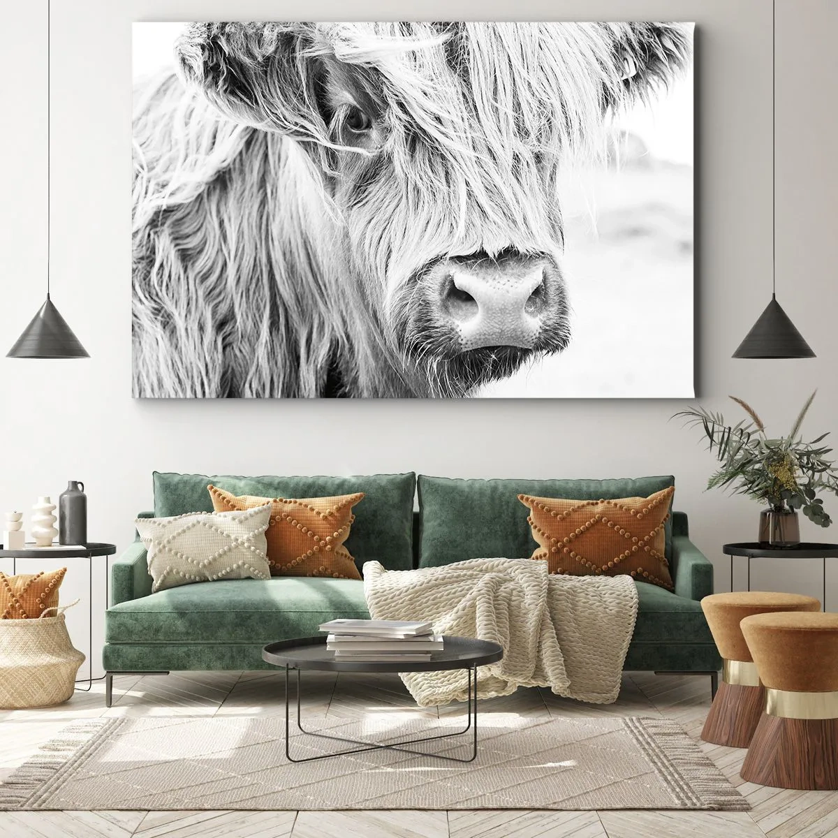 Bild auf Leinwand - Leinwandbild - Porträt einer schottischen Kuh in Schwarz und Weiß - 120x80cm - Schottische Wildheit - Moderne Wanddekoration für Wohnzimmer und Schlafzimmer ARTTOR