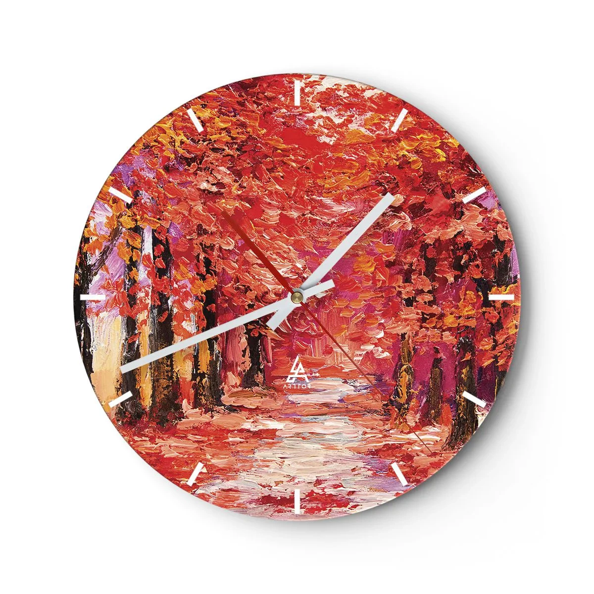 Wanduhr - Glasuhr - Eine herbstliche Allee in intensiven Rottönen - 30x30cm - Herbstlicher Eindruck - Moderne Wanddekoration für Wohnzimmer, Küche und Schlafzimmer ARTTOR