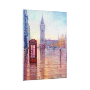 Glasbild - Bild auf glas - Londoner Straße mit Big Ben an einem regnerischen Tag - 80x120cm - Londoner Herbsttag - Moderne Wanddekoration für Wohnzimmer und Schlafzimmer ARTTOR
