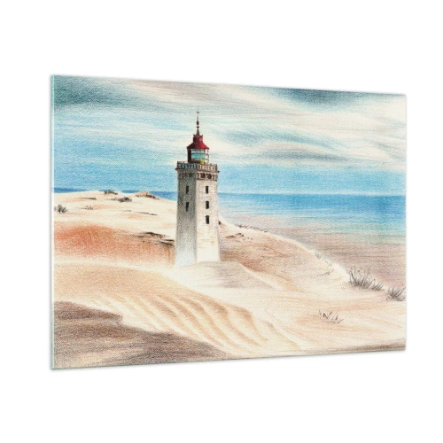 Glasbild - Bild auf glas - Ein Leuchtturm auf einer Wüstendüne an einem ruhigen Meer - 100x70cm - Immer aufs Meer starrend - Moderne Wanddekoration für Wohnzimmer und Schlafzimmer ARTTOR