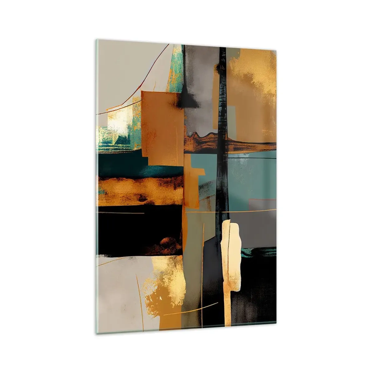 Glasbild - Bild auf glas - Abstrakte Komposition mit goldenen und türkisfarbenen Elementen - 80x120cm - Abstraktion – Licht und Schatten - Moderne Wanddekoration für Wohnzimmer und Schlafzimmer ARTTOR